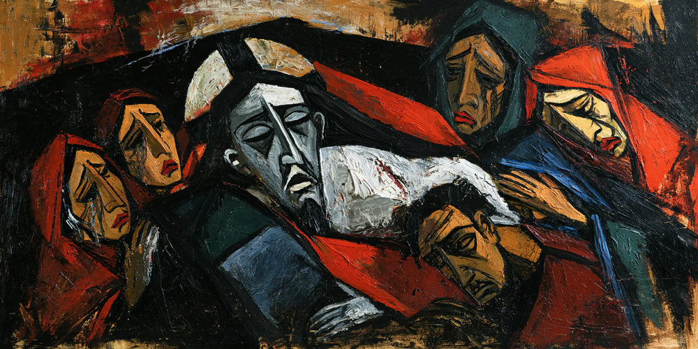 Entombment of Jesus Christ in Expressionist style, landscape Christian artwork no. 9