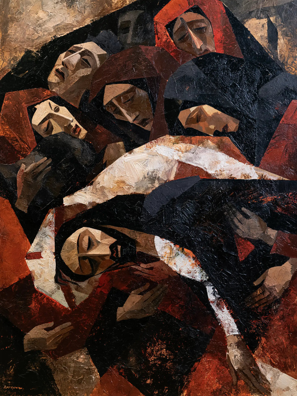 Entombment of Jesus Christ in Expressionist style, portrait Christian artwork no. 16