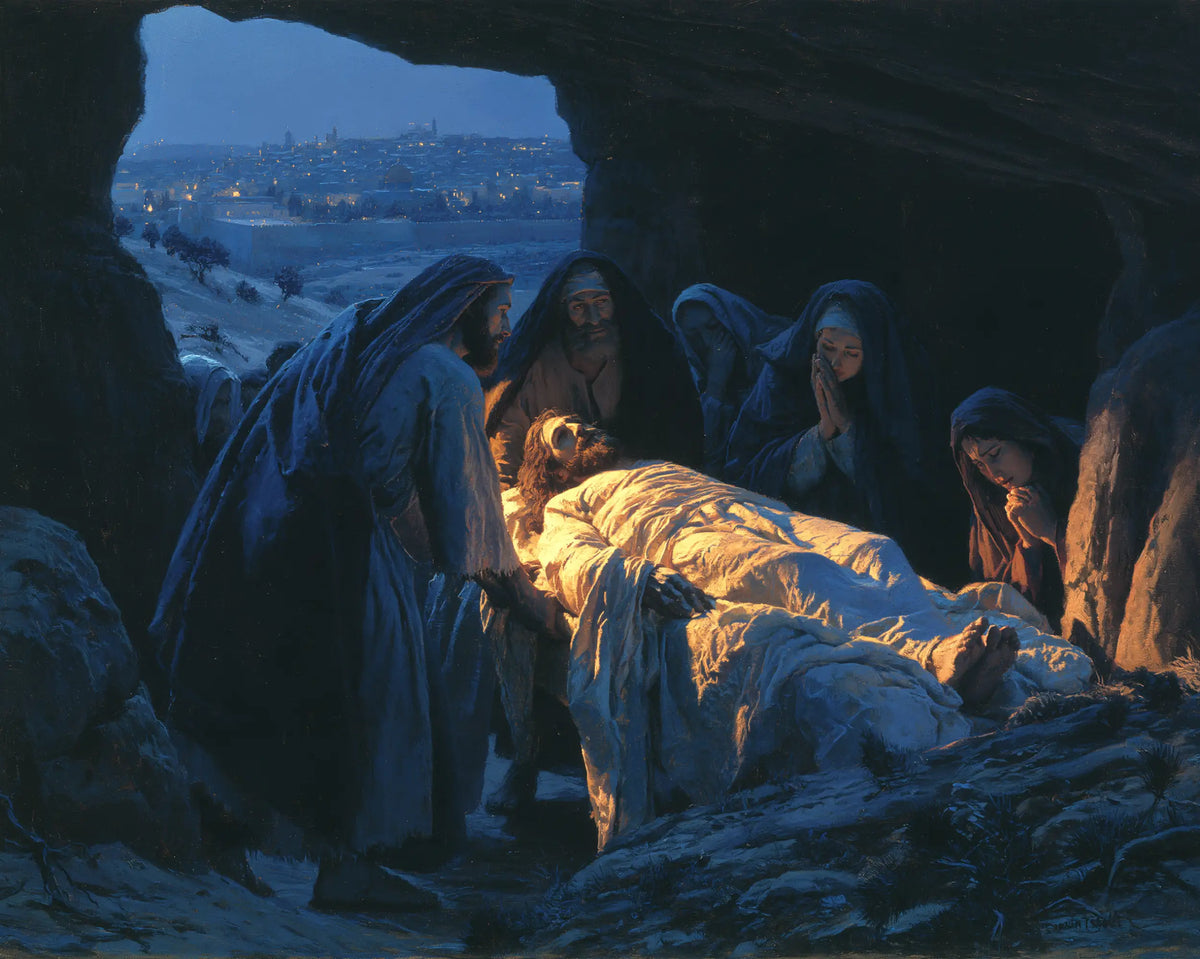 Entombment of Jesus Christ in Midnight-blue Chiaroscuro style, landscape Christian artwork no. 5