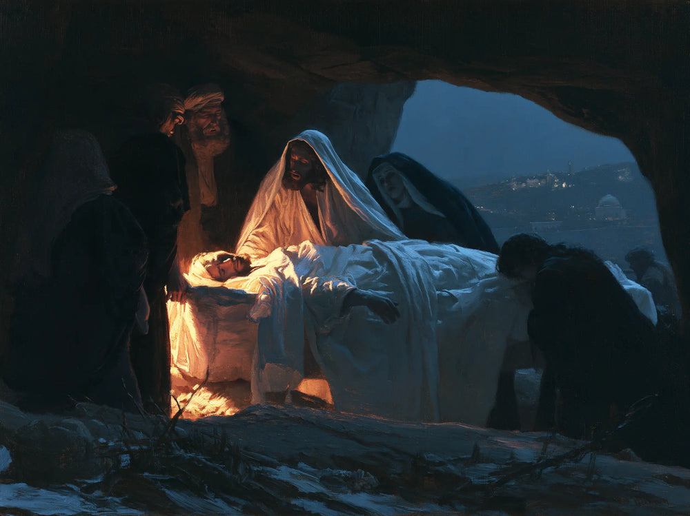 Entombment of Jesus Christ in Midnight-blue Chiaroscuro style, landscape Christian artwork no. 8