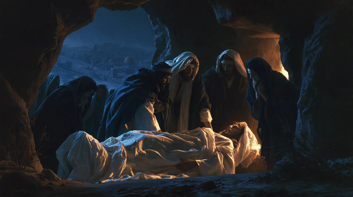 Entombment of Jesus Christ in Midnight-blue Chiaroscuro style, landscape Christian artwork no. 11