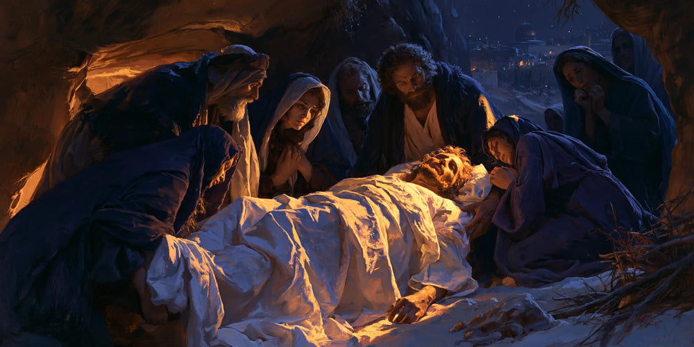 Entombment of Jesus Christ in Midnight-blue Chiaroscuro style, landscape Christian artwork no. 14