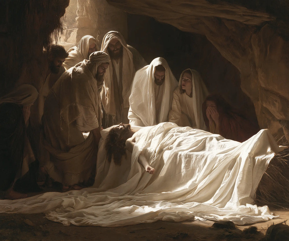 Entombment of Jesus Christ in Sacred Silence style, landscape Christian artwork no. 1