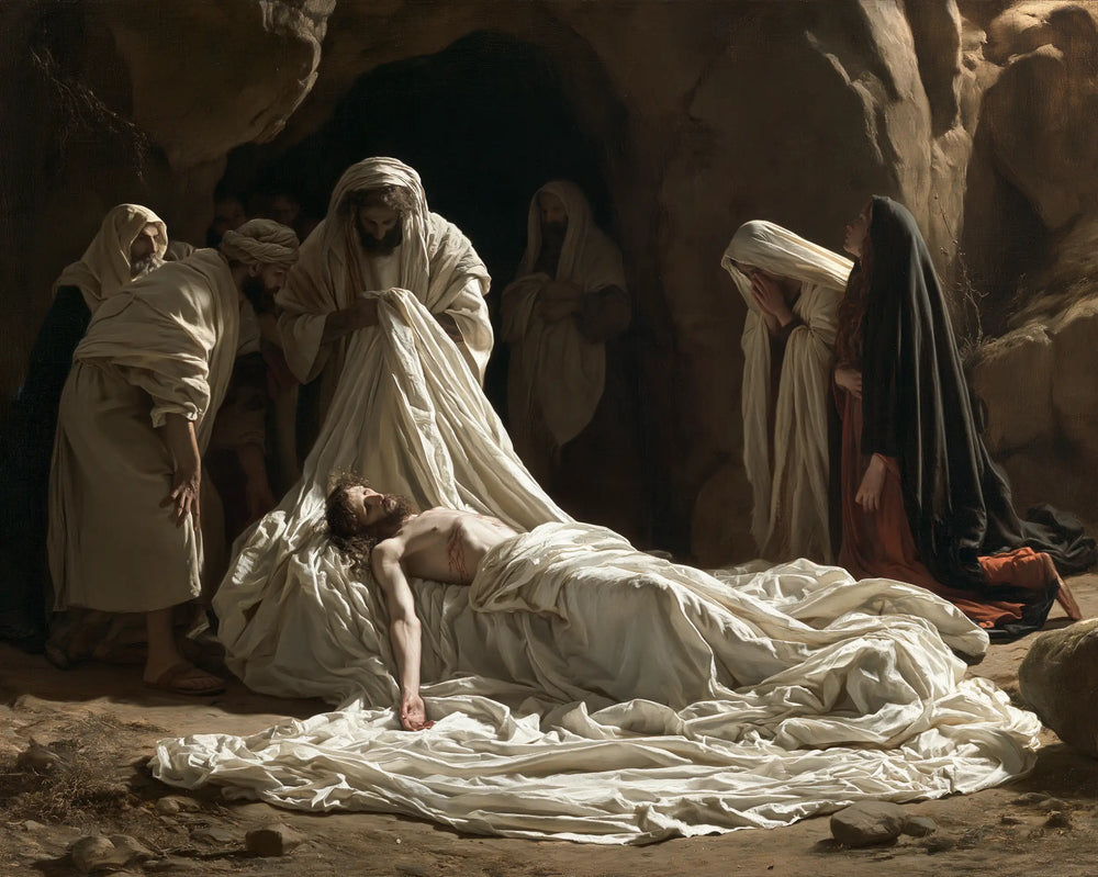 Entombment of Jesus Christ in Sacred Silence style, landscape Christian artwork no. 5