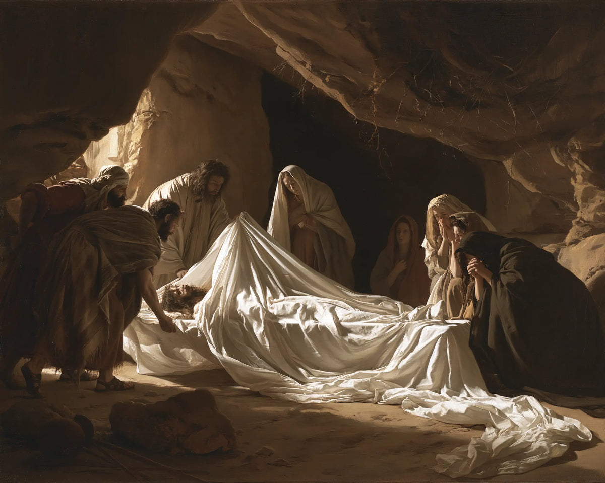 Entombment of Jesus Christ in Sacred Silence style, landscape Christian artwork no. 7