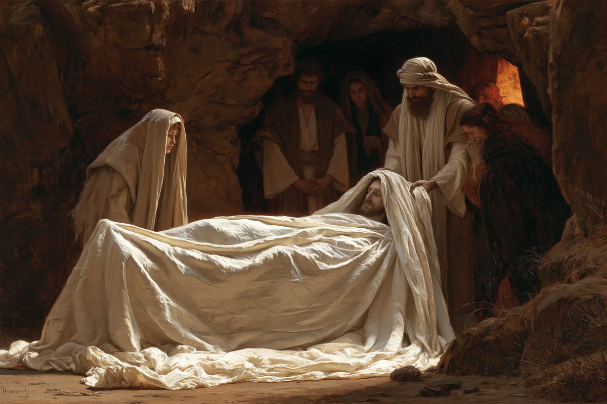 Entombment of Jesus Christ in Sacred Silence style, landscape Christian artwork no. 12