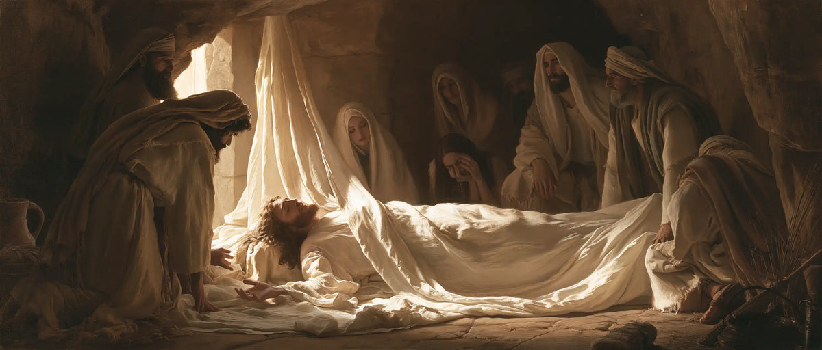 Entombment of Jesus Christ in Sacred Silence style, landscape Christian artwork no. 20