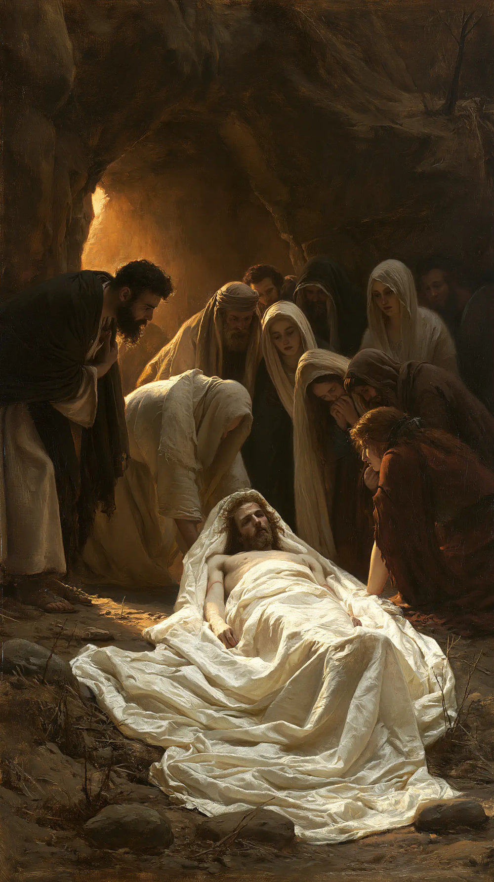 Entombment of Jesus Christ in Sacred Silence style, portrait Christian artwork no. 6