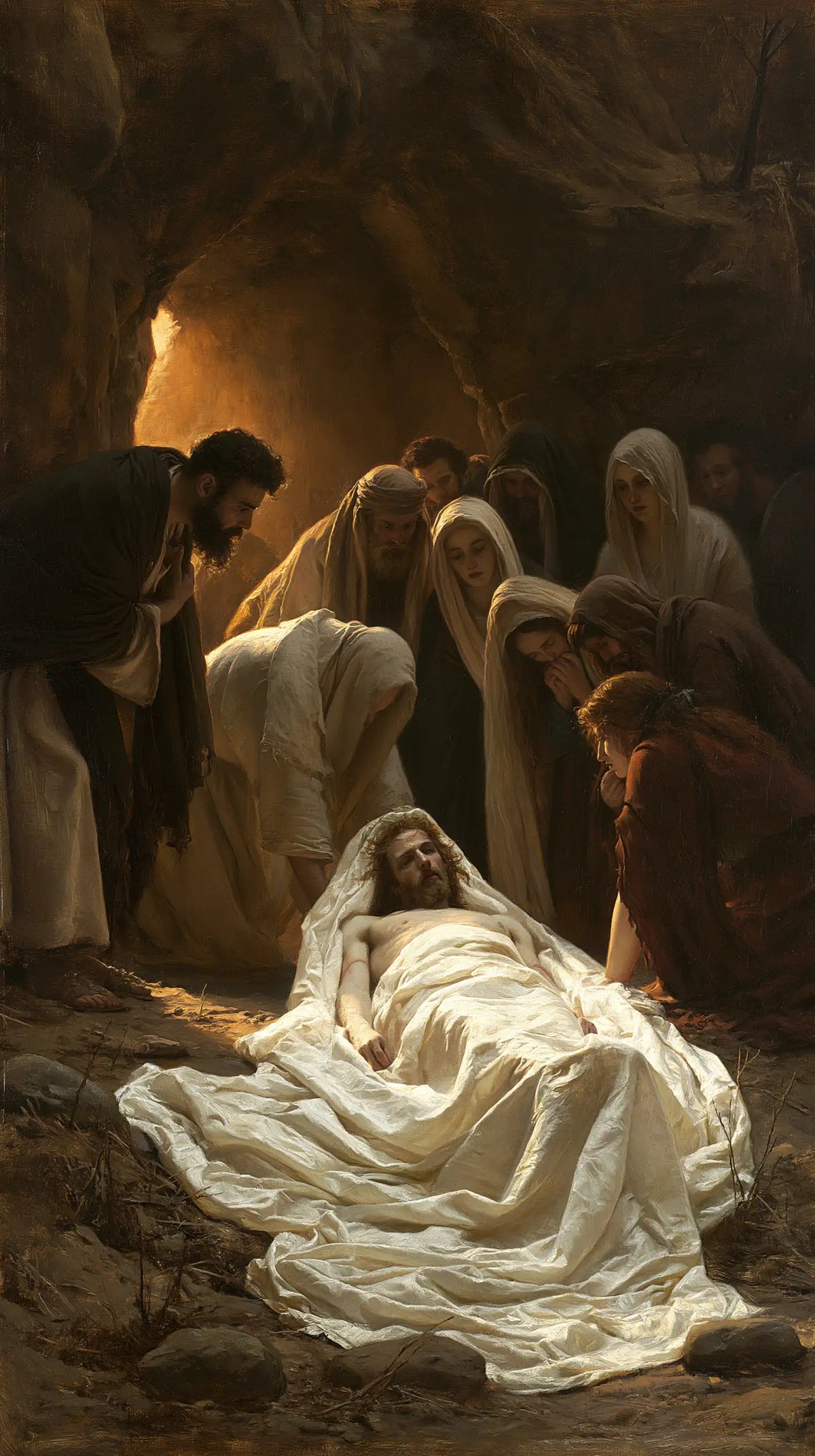 Entombment of Jesus Christ in Sacred Silence style, portrait Christian artwork no. 6