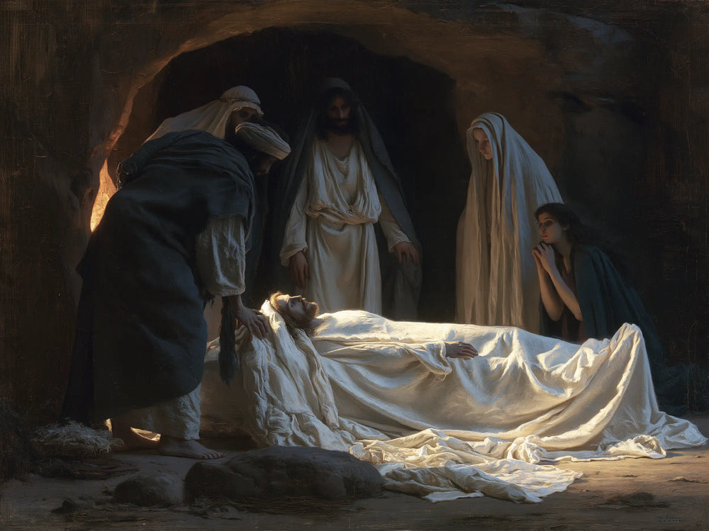 Entombment of Jesus Christ in Symbolist style, landscape Christian artwork no. 4