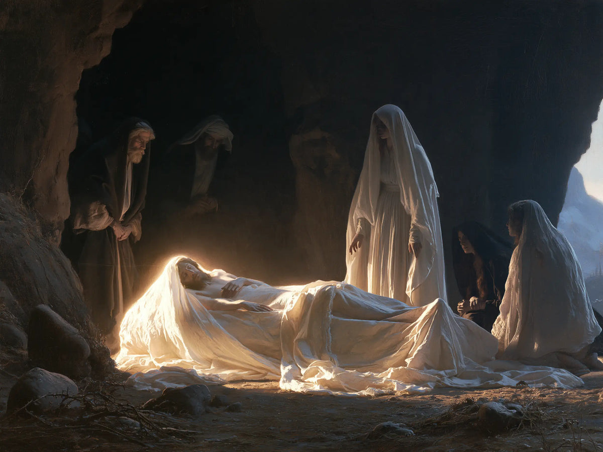 Entombment of Jesus Christ in Symbolist style, landscape Christian artwork no. 6