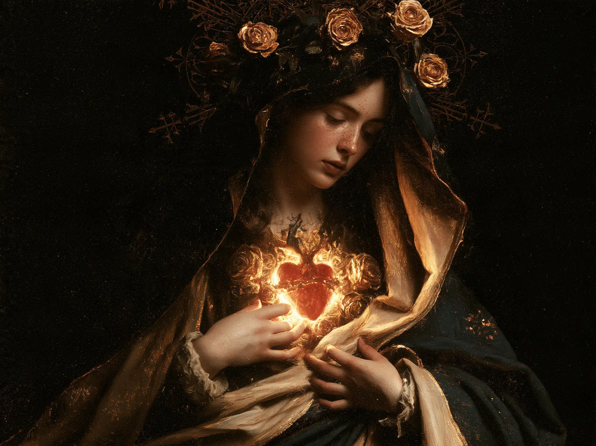 the Immaculate Heart of Mary in black and gold in Black and Gold style, landscape Christian artwork no. 6