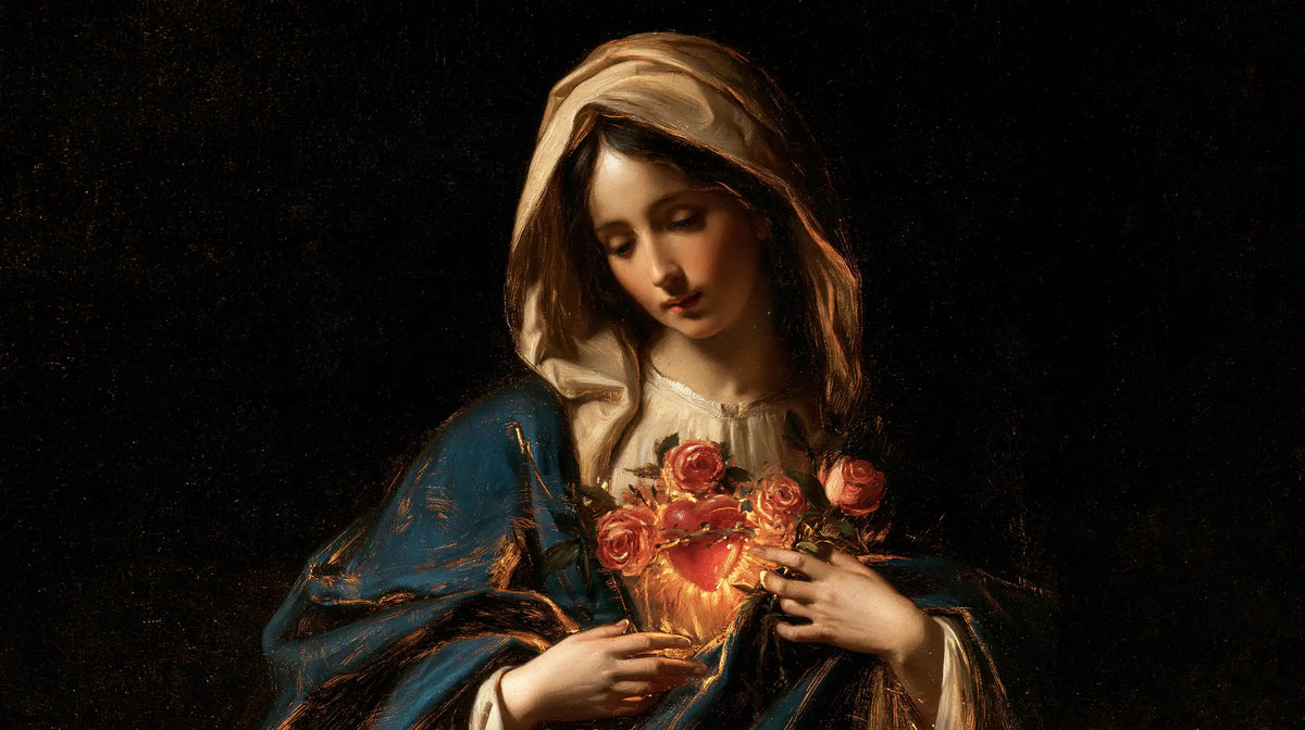the Immaculate Heart of Mary in black and gold in Black and Gold style, landscape Christian artwork no. 17