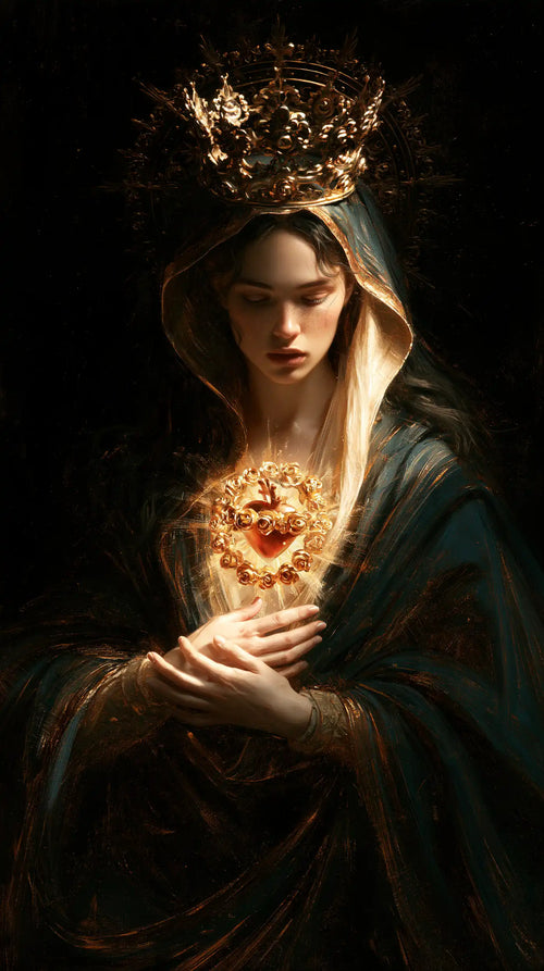the Immaculate Heart of Mary in black and gold in Black and Gold style, portrait Christian artwork no. 4