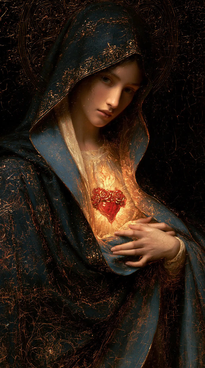 The Immaculate Heart of Mary — The Sideways Gaze in Embroidered Blue