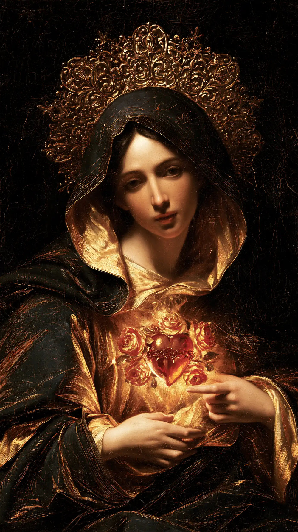 the Immaculate Heart of Mary in black and gold in Black and Gold style, portrait Christian artwork no. 9