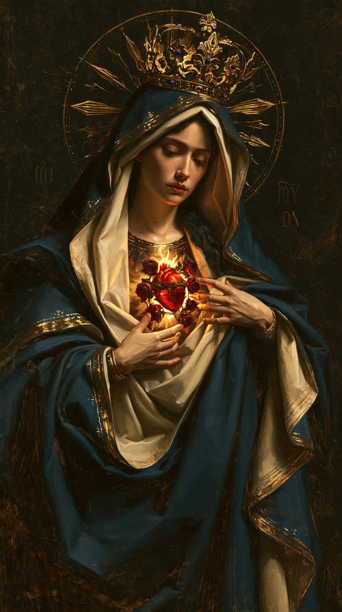 the Immaculate Heart of Mary in black and gold in Black and Gold style, portrait Christian artwork no. 11