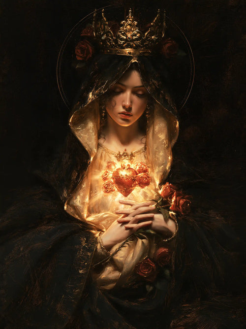 the Immaculate Heart of Mary in black and gold in Black and Gold style, portrait Christian artwork no. 19
