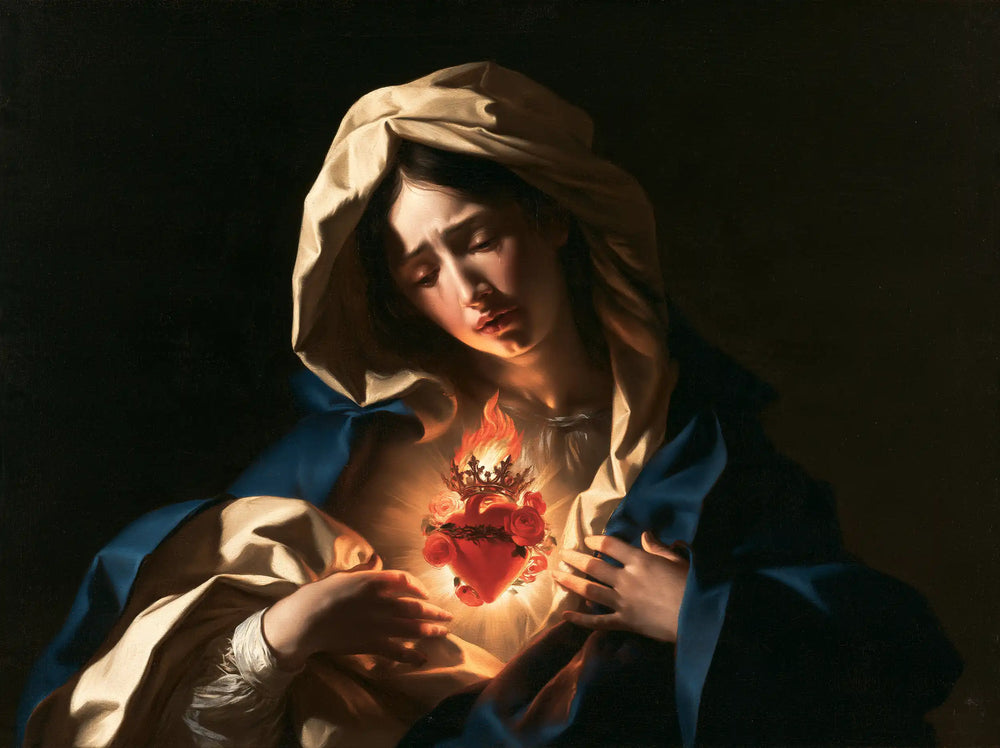 the Immaculate Heart of Mary in dramatic chiaroscuro in Caravaggio Tenebrism style, landscape Christian artwork no. 2