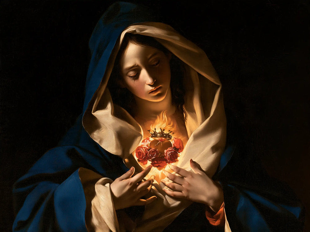 the Immaculate Heart of Mary in dramatic chiaroscuro in Caravaggio Tenebrism style, landscape Christian artwork no. 4