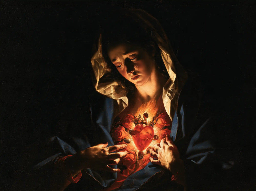 the Immaculate Heart of Mary in dramatic chiaroscuro in Caravaggio Tenebrism style, landscape Christian artwork no. 8