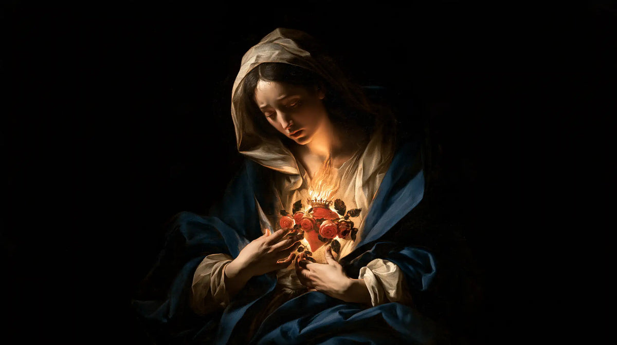 the Immaculate Heart of Mary in dramatic chiaroscuro in Caravaggio Tenebrism style, landscape Christian artwork no. 9