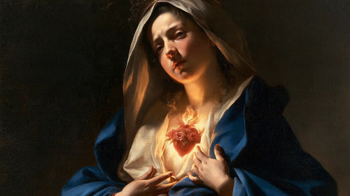 the Immaculate Heart of Mary in dramatic chiaroscuro in Caravaggio Tenebrism style, landscape Christian artwork no. 13