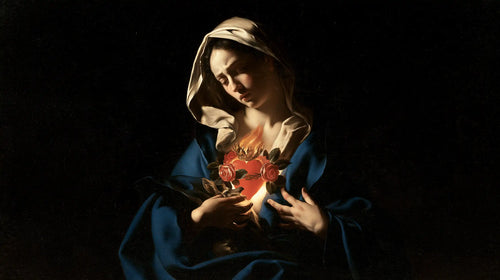the Immaculate Heart of Mary in dramatic chiaroscuro in Caravaggio Tenebrism style, landscape Christian artwork no. 17