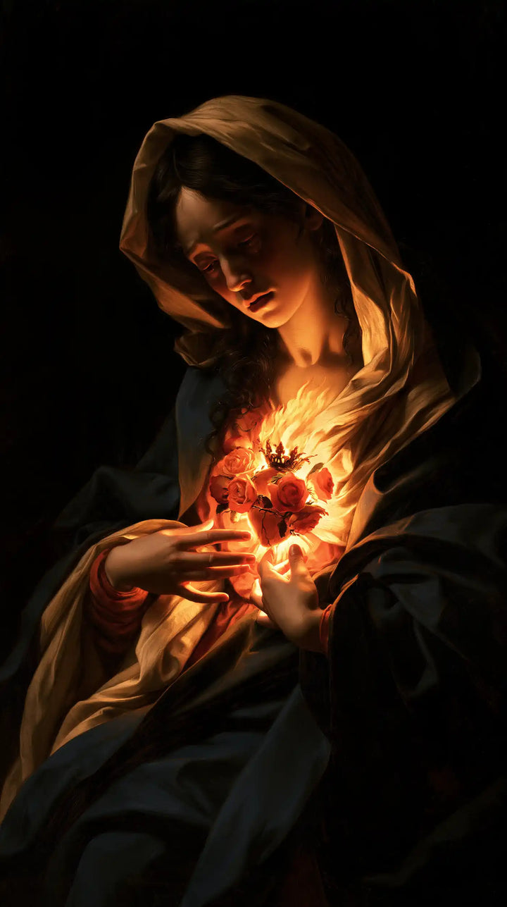 The Immaculate Heart of Mary — Fire Gathered in the Shadowed Profile