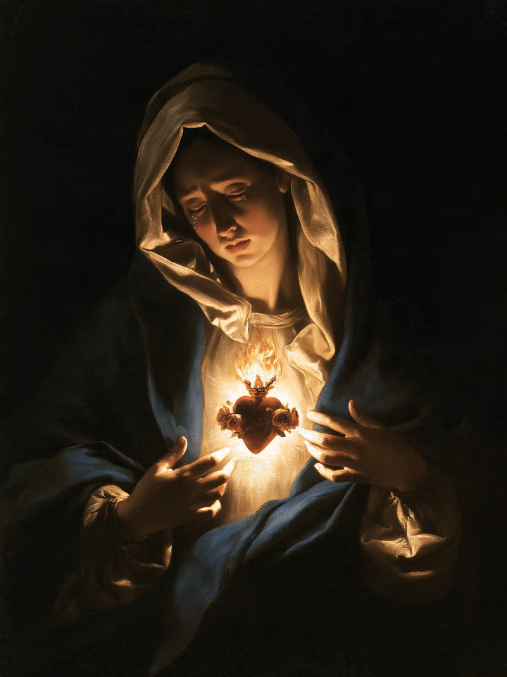 The Immaculate Heart of Mary — The Veil’s Whiteness Around the Fire