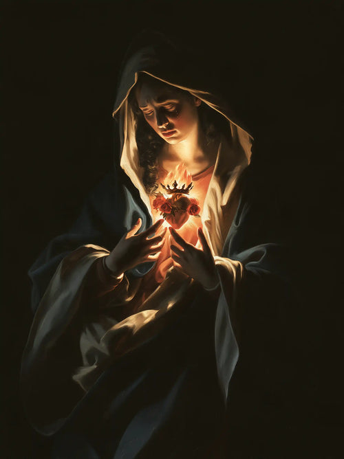the Immaculate Heart of Mary in dramatic chiaroscuro in Caravaggio Tenebrism style, portrait Christian artwork no. 14