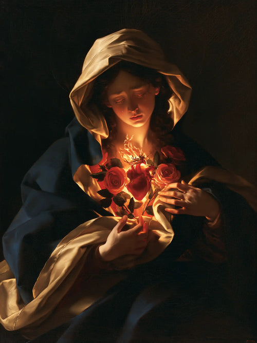 the Immaculate Heart of Mary in dramatic chiaroscuro in Caravaggio Tenebrism style, portrait Christian artwork no. 18