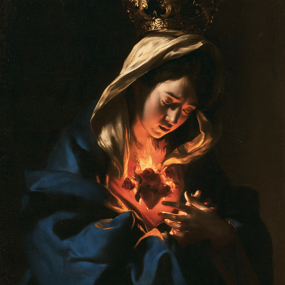 the Immaculate Heart of Mary in dramatic chiaroscuro in Caravaggio Tenebrism style, square Christian artwork no. 2