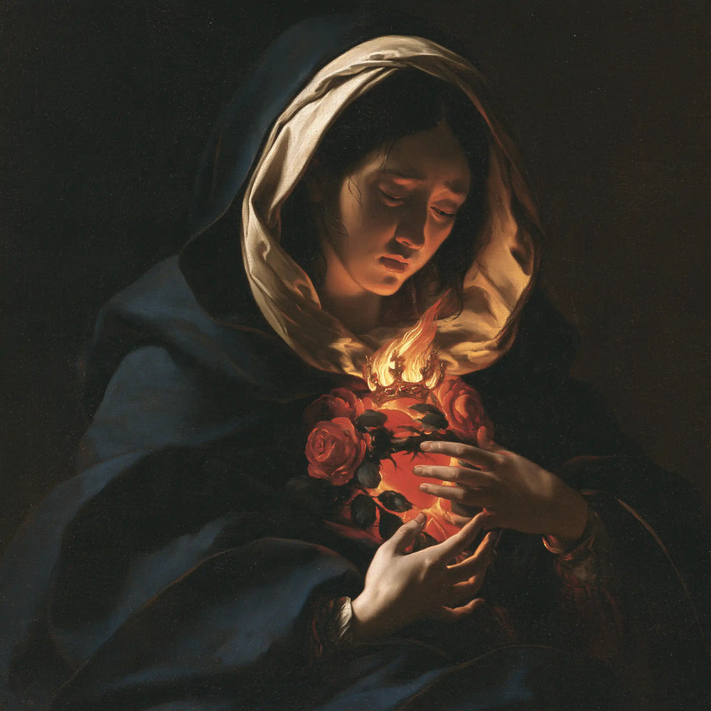 the Immaculate Heart of Mary in dramatic chiaroscuro in Caravaggio Tenebrism style, square Christian artwork no. 3