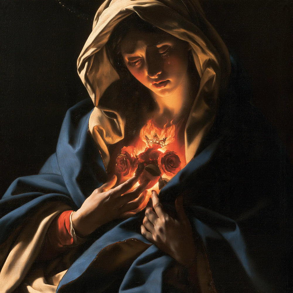 the Immaculate Heart of Mary in dramatic chiaroscuro in Caravaggio Tenebrism style, square Christian artwork no. 4