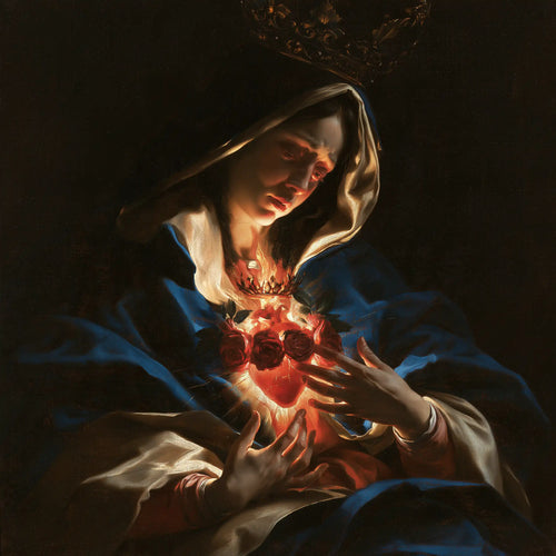 the Immaculate Heart of Mary in dramatic chiaroscuro in Caravaggio Tenebrism style, square Christian artwork no. 7