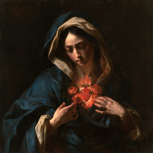 the Immaculate Heart of Mary in dramatic chiaroscuro in Caravaggio Tenebrism style, square Christian artwork no. 10