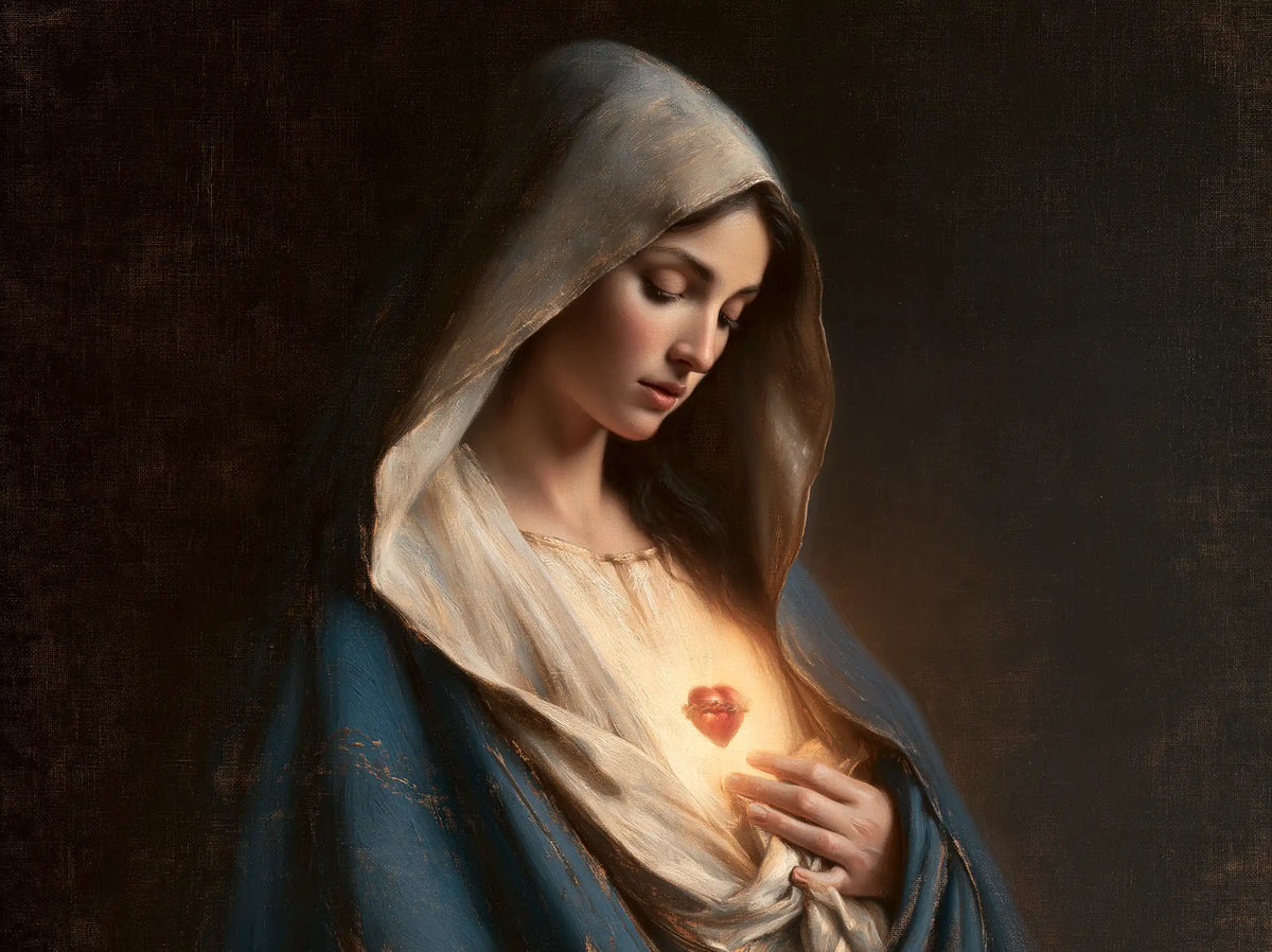 the Immaculate Heart of Mary in a minimalist composition in Contemporary Minimalism style, landscape Christian artwork no. 10