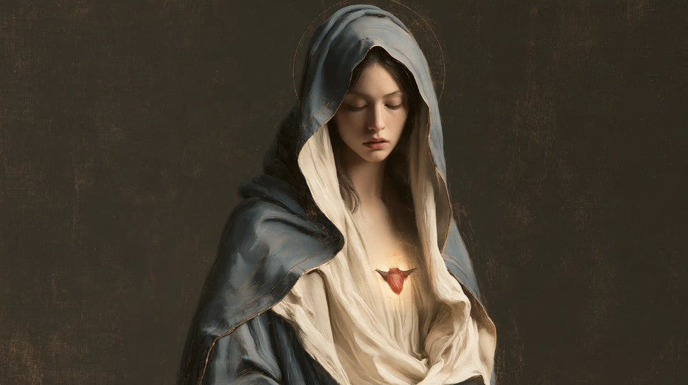the Immaculate Heart of Mary in a minimalist composition in Contemporary Minimalism style, landscape Christian artwork no. 19