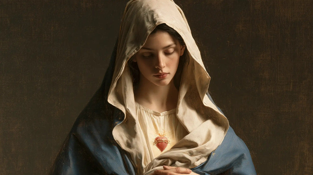 the Immaculate Heart of Mary in a minimalist composition in Contemporary Minimalism style, landscape Christian artwork no. 20