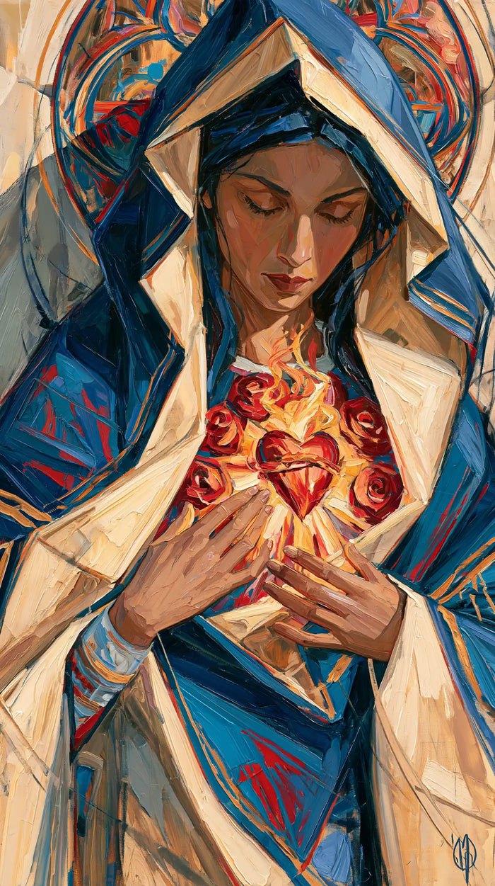 The Immaculate Heart of Mary — Hands in the Blue and Red Swirl