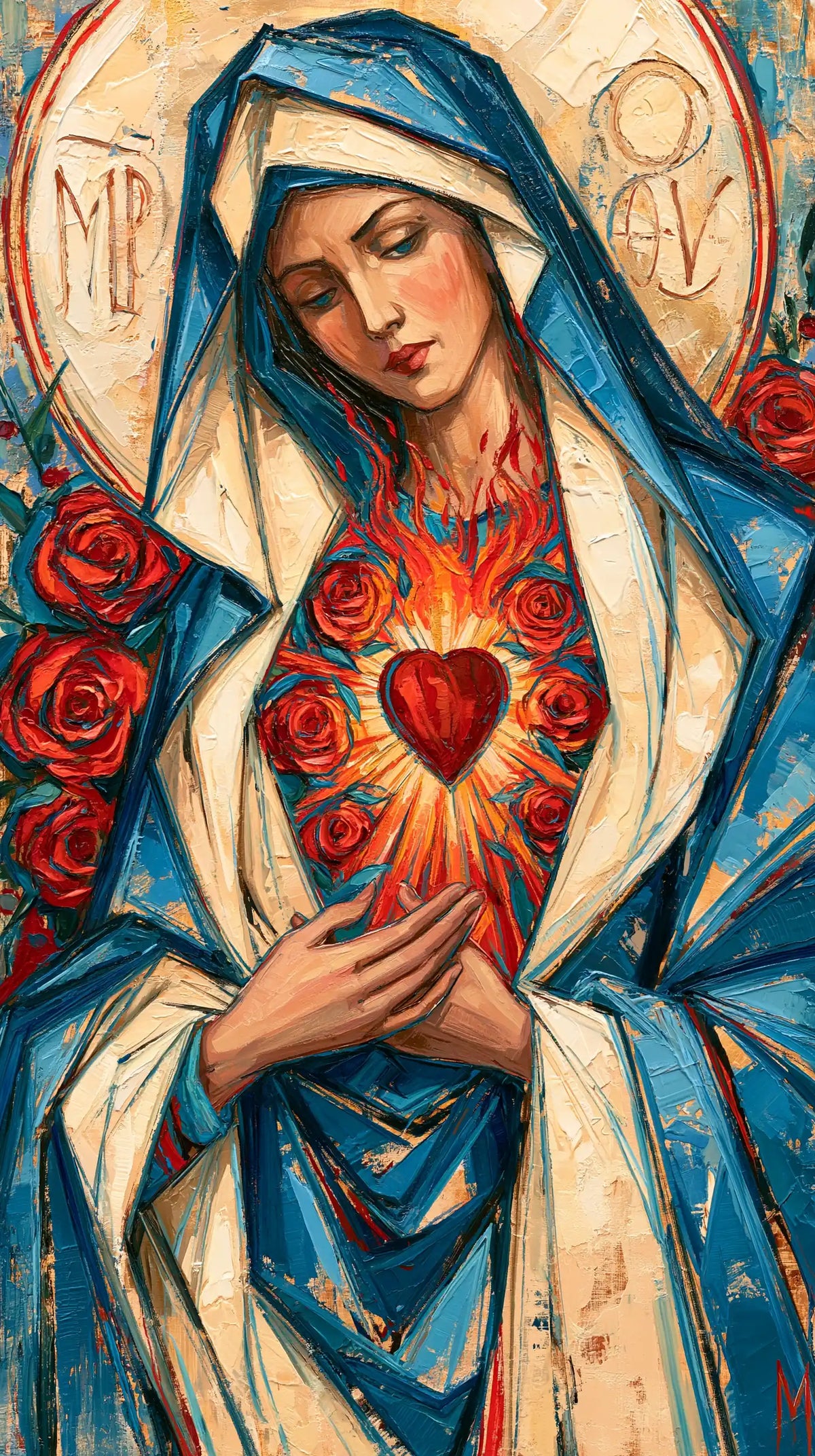 the Immaculate Heart of Mary in an expressionist composition in Expressionist style, portrait Christian artwork no. 3