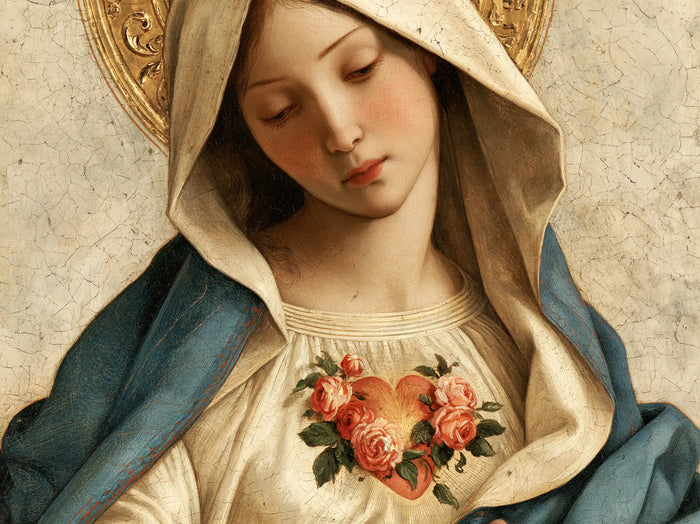 The Immaculate Heart of Mary — The Closed Gaze Above Salmon Roses