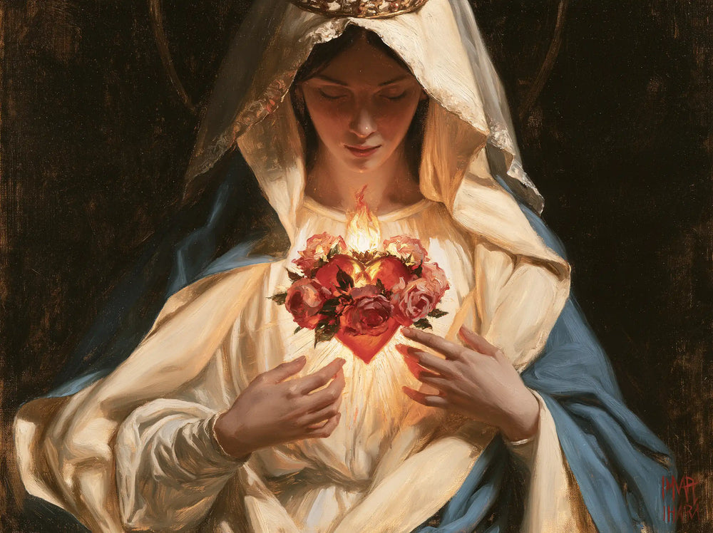 Mary with the Immaculate Heart as the central symbol in The Heart as Central Symbol style, landscape Christian artwork no. 1