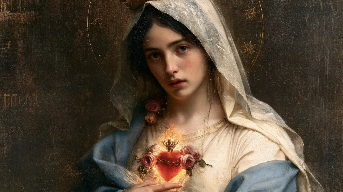Mary with the Immaculate Heart as the central symbol in The Heart as Central Symbol style, landscape Christian artwork no. 22