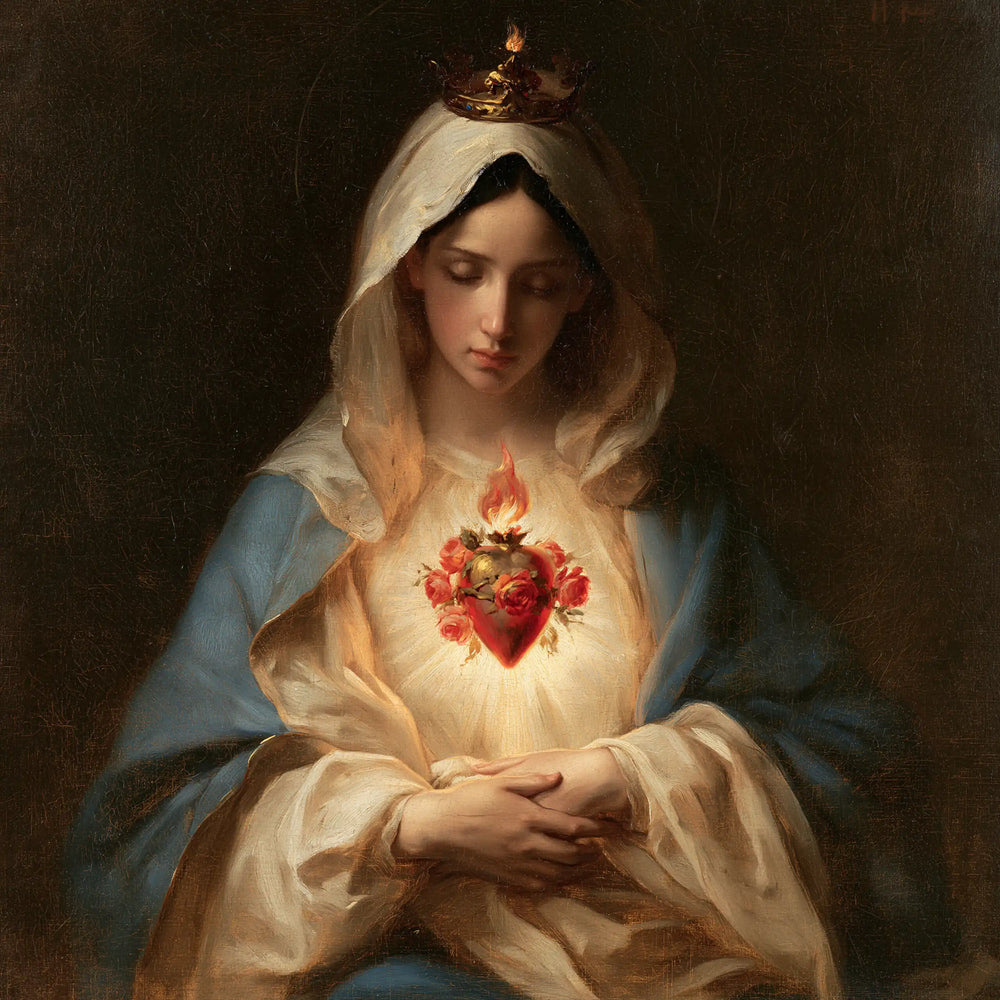 Mary with the Immaculate Heart as the central symbol in The Heart as Central Symbol style, square Christian artwork no. 4