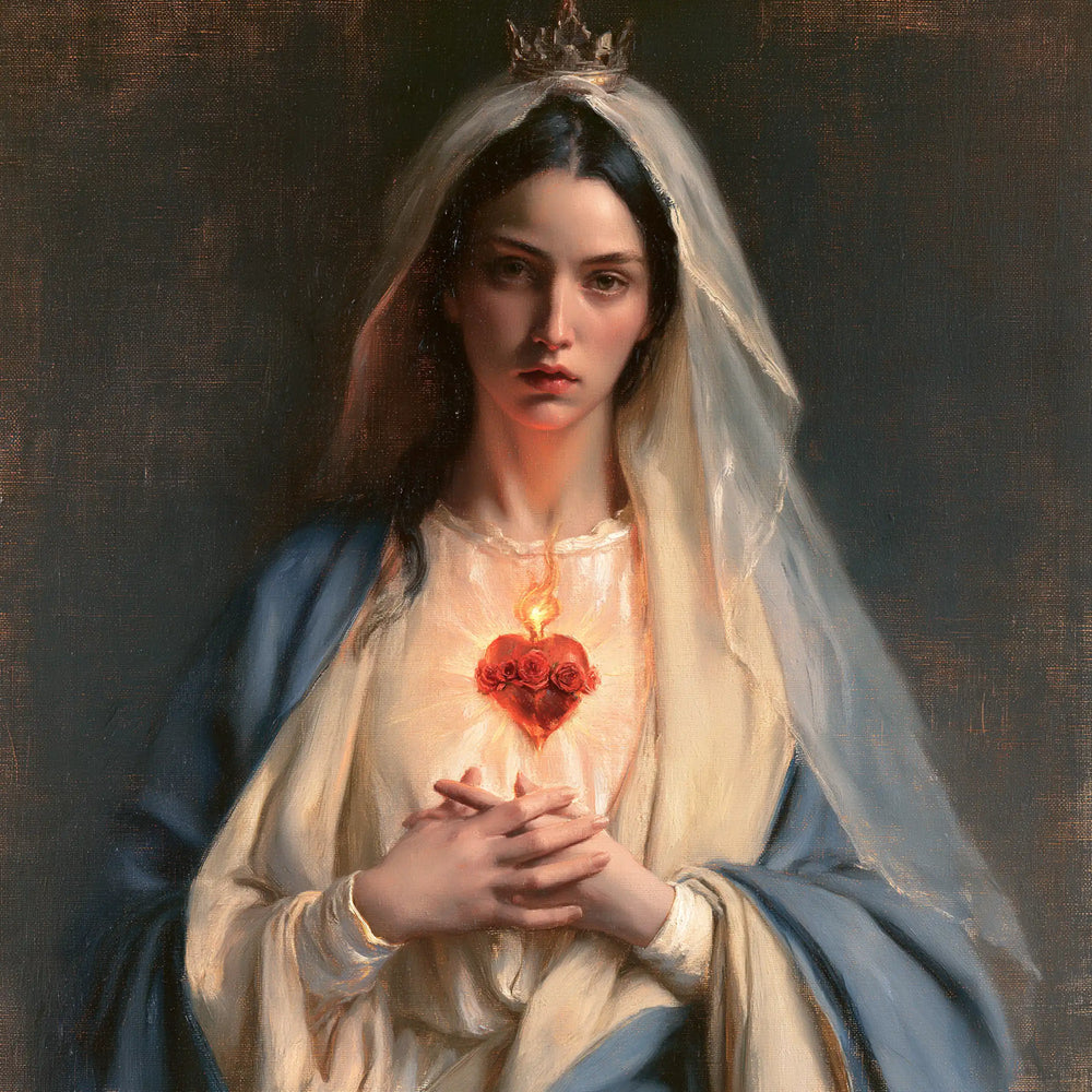 Mary with the Immaculate Heart as the central symbol in The Heart as Central Symbol style, square Christian artwork no. 5