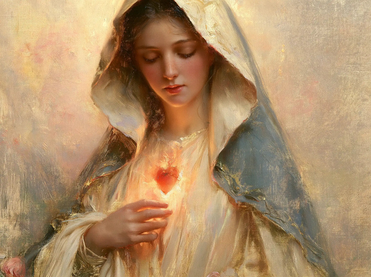 the Immaculate Heart of Mary at dawn in The Immaculate Heart at Dawn style, landscape Christian artwork no. 1