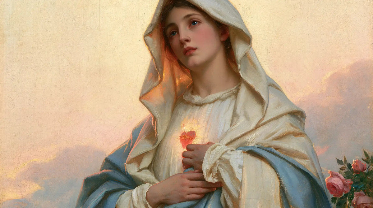 the Immaculate Heart of Mary at dawn in The Immaculate Heart at Dawn style, landscape Christian artwork no. 8