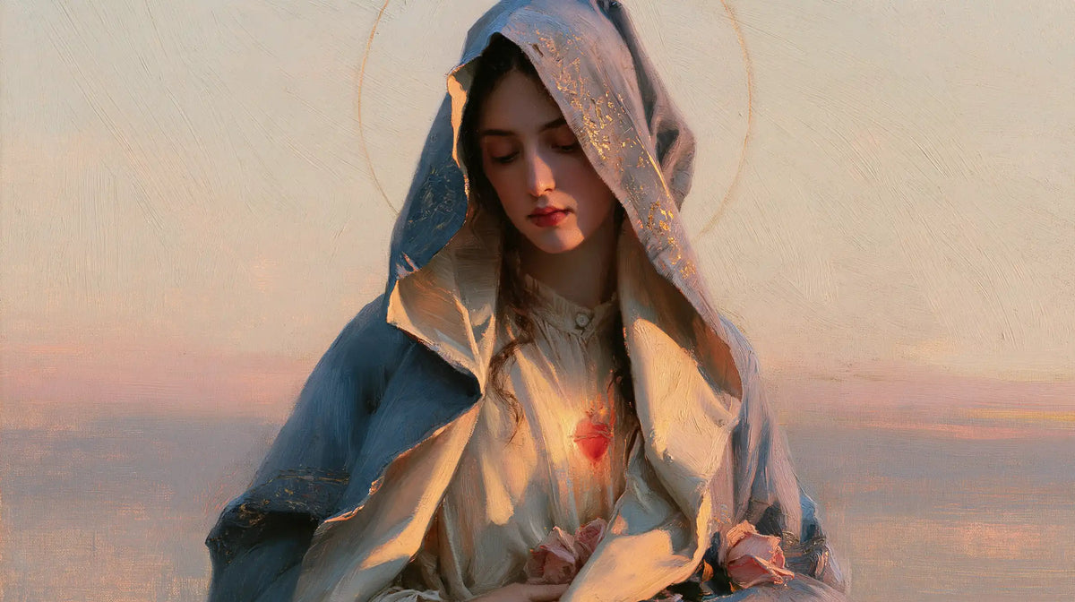 the Immaculate Heart of Mary at dawn in The Immaculate Heart at Dawn style, landscape Christian artwork no. 10
